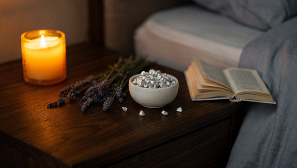 Weihrauch für besseren Schlaf – Silber Hojari Harz mit Kerze und Lavendel auf dunklem Nachttisch, Loubaan Wellness Editorial