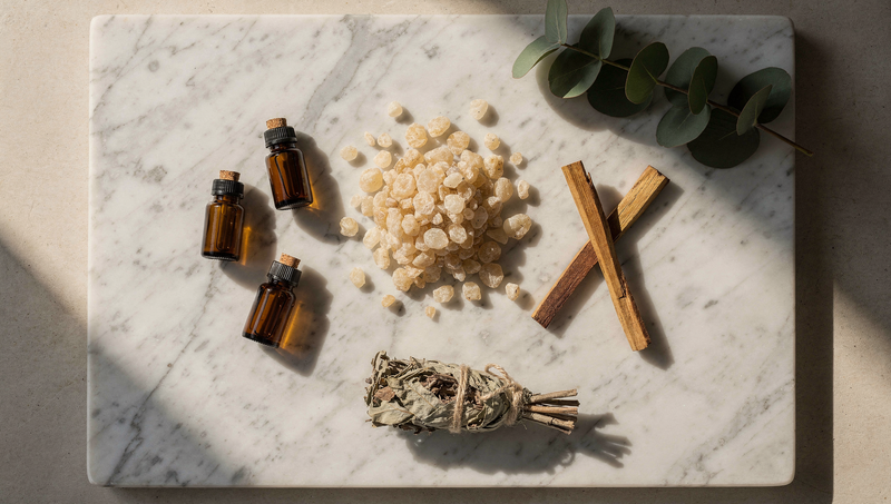 Weihrauch für Aromatherapie – Hojari Harz, Palo Santo Holz und ätherische öle auf Marmor, Loubaan Premium Wellness Flat Lay